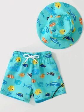 Baby Boys Cartoon Fish Swim Shorts And Hat Set